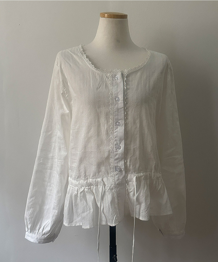 소비 레이스 허리 리본 스트링 펀칭 플레어 블라우스