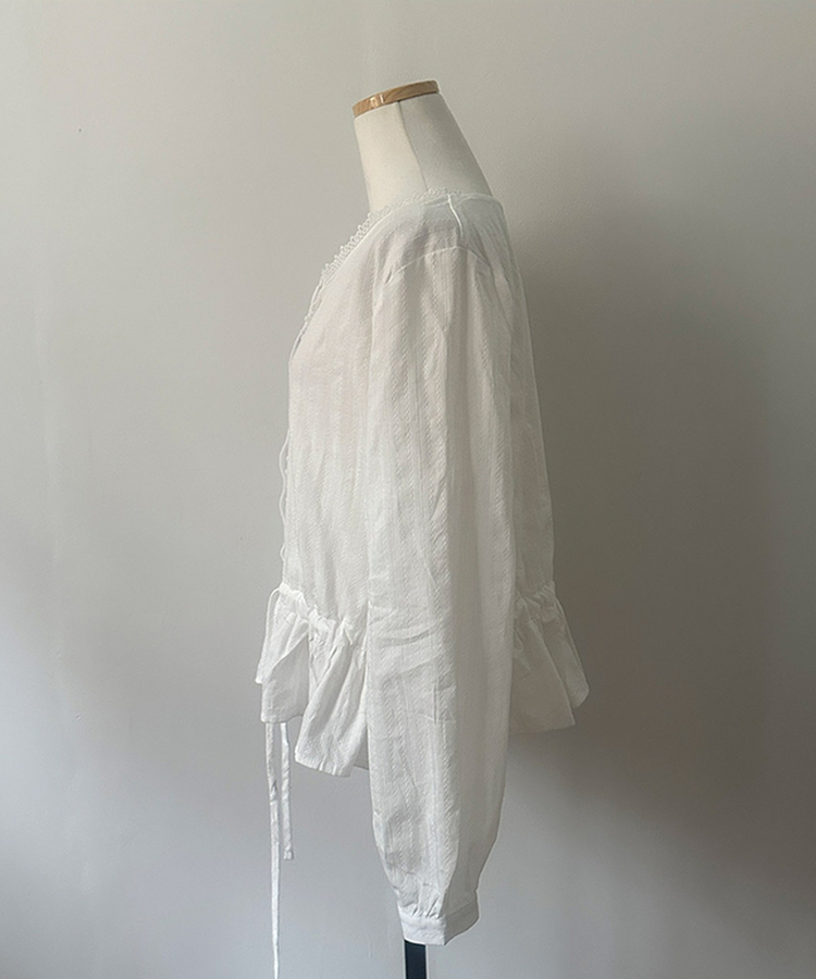 소비 레이스 허리 리본 스트링 펀칭 플레어 블라우스