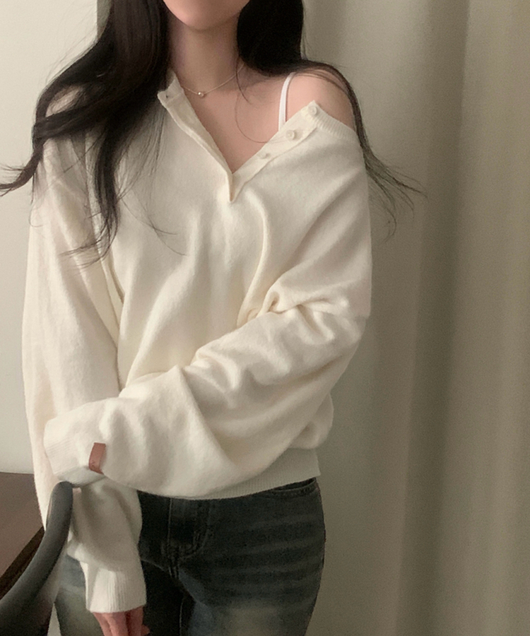 ヘンリーネックボタンニット(5color) IVORY