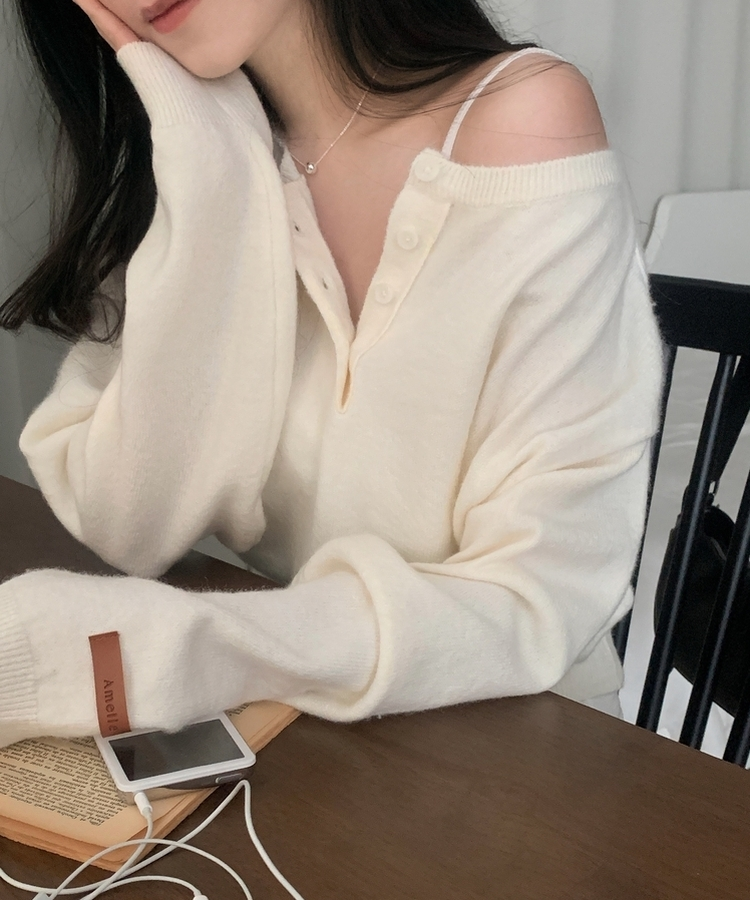 ヘンリーネックボタンニット(5color) IVORY