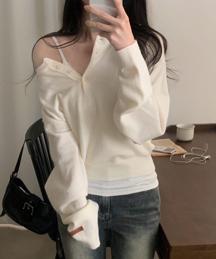 ヘンリーネックボタンニット(5color) IVORY