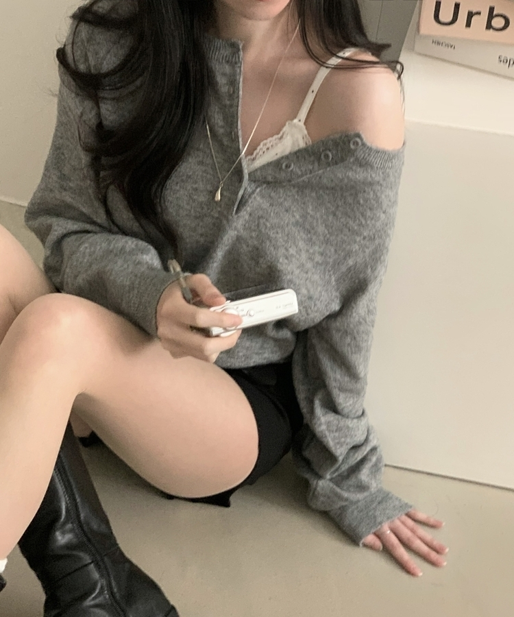 ヘンリーネックボタンニット(5color) GREY