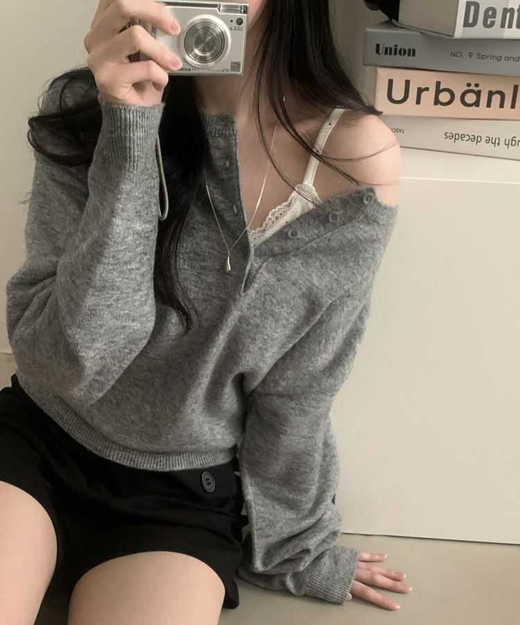 ヘンリーネックボタンニット(5color) GREY