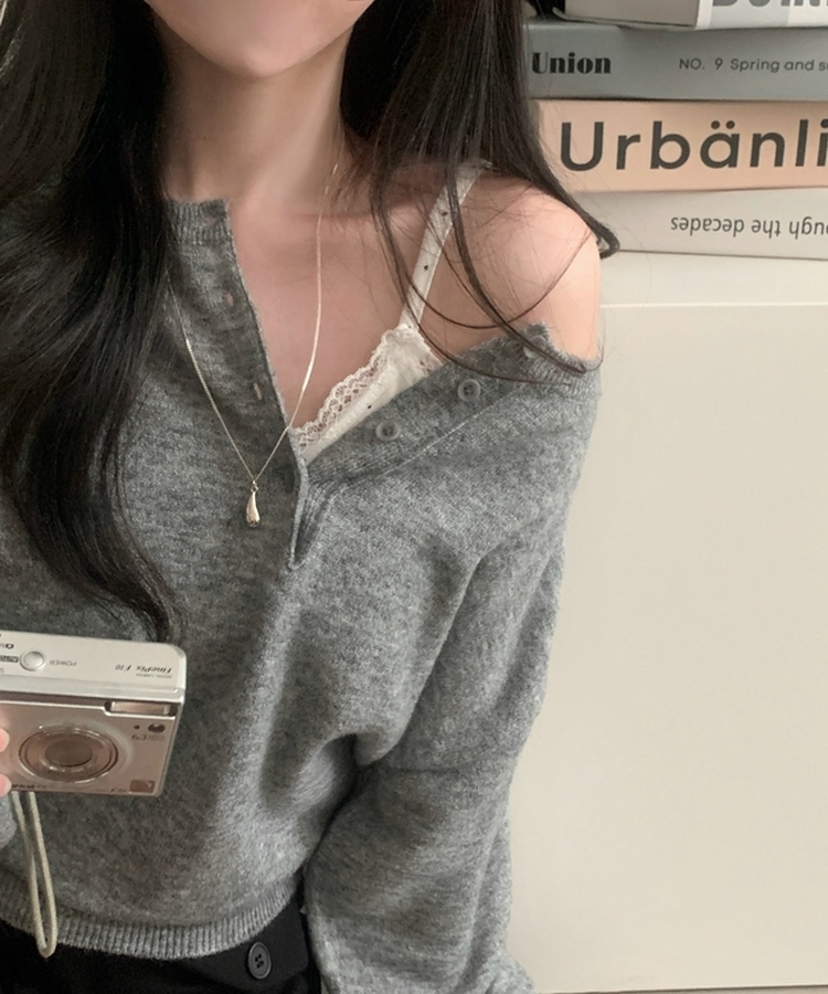 ヘンリーネックボタンニット(5color) GREY
