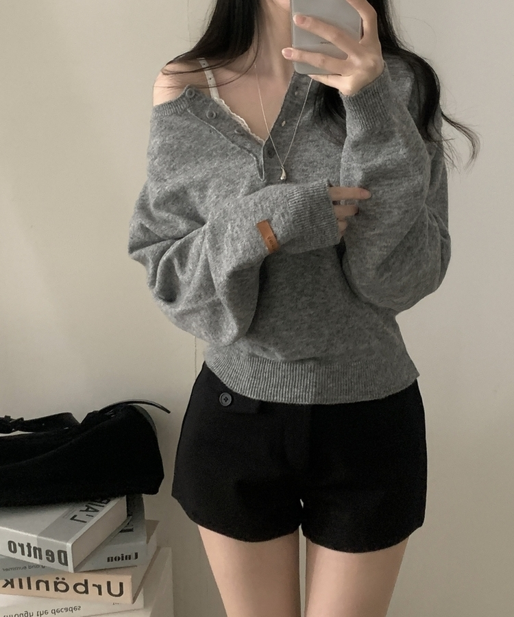 ヘンリーネックボタンニット(5color) GREY
