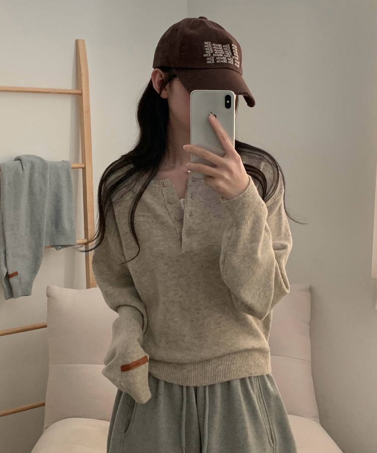 ヘンリーネックボタンニット(5color) BEIGE