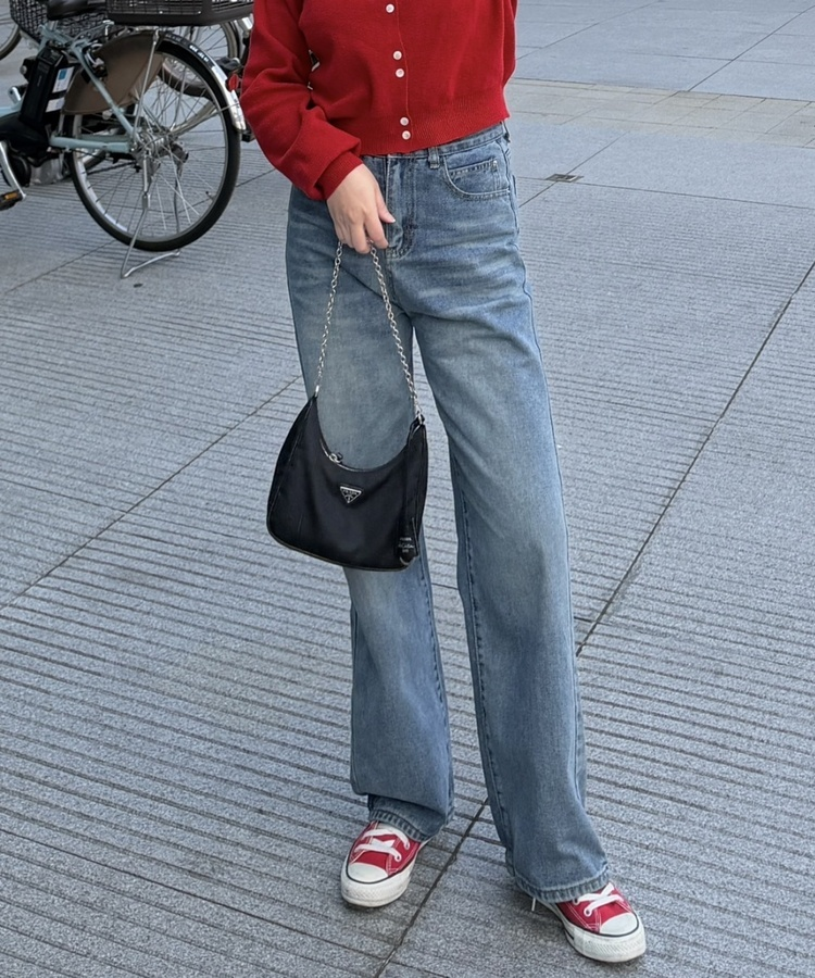 하이웨스트 슬림 자수 데님 팬츠 중청