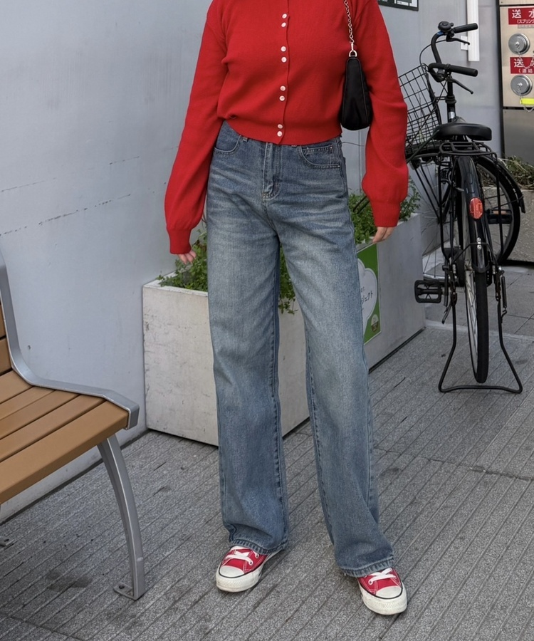 하이웨스트 슬림 자수 데님 팬츠 중청
