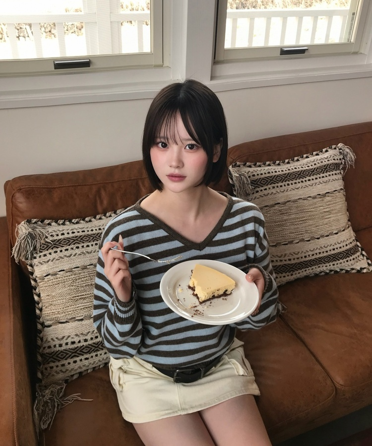 스트라이프 브이넥 니트 브라운