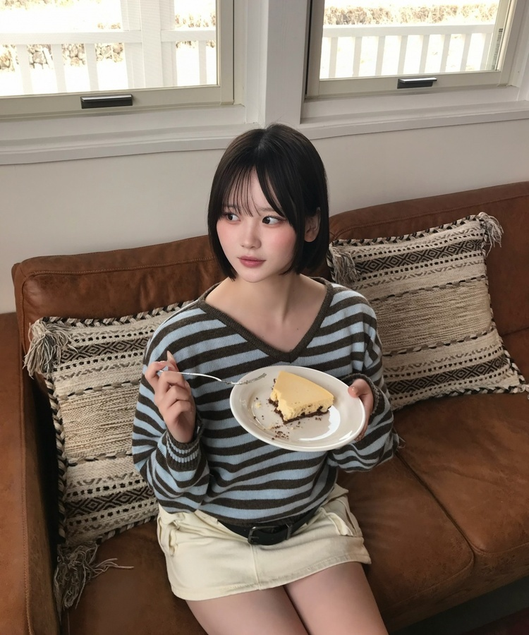 스트라이프 브이넥 니트 브라운