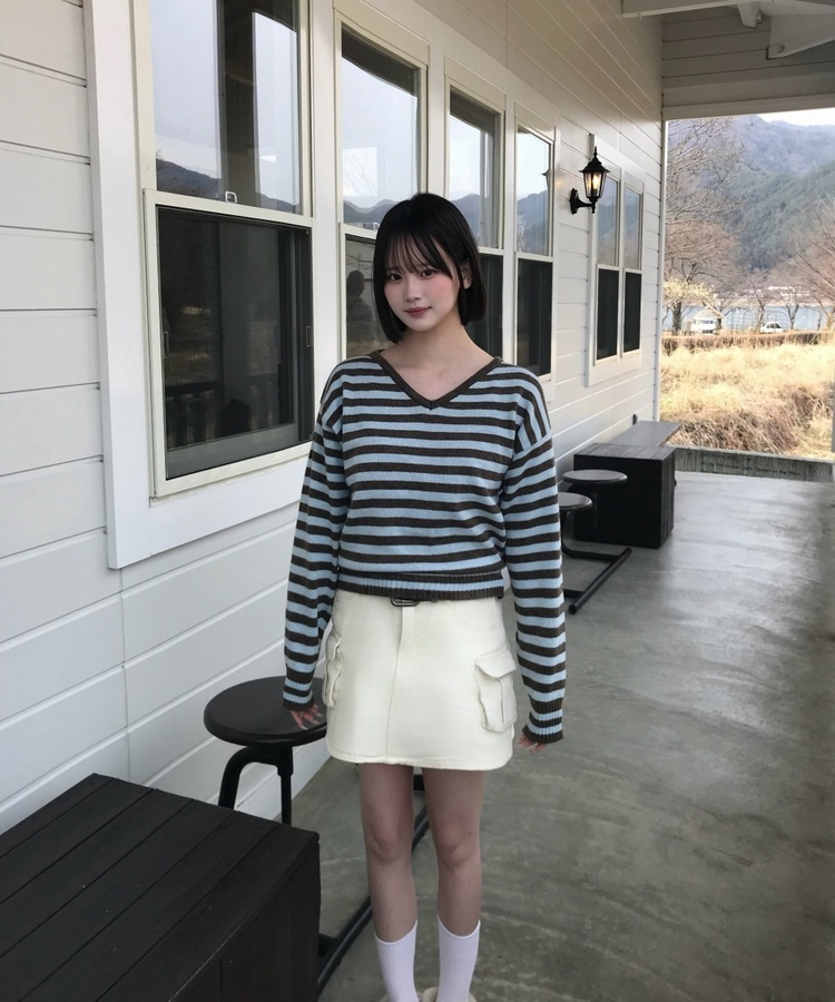 스트라이프 브이넥 니트 브라운