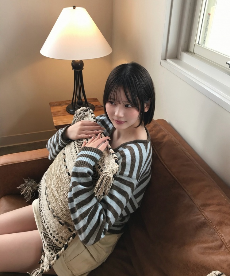 스트라이프 브이넥 니트 브라운