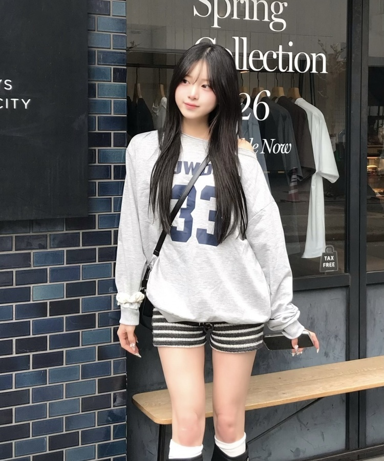 원숄더 오버핏 롱슬리브 티 그레이