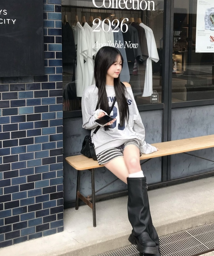 원숄더 오버핏 롱슬리브 티 그레이