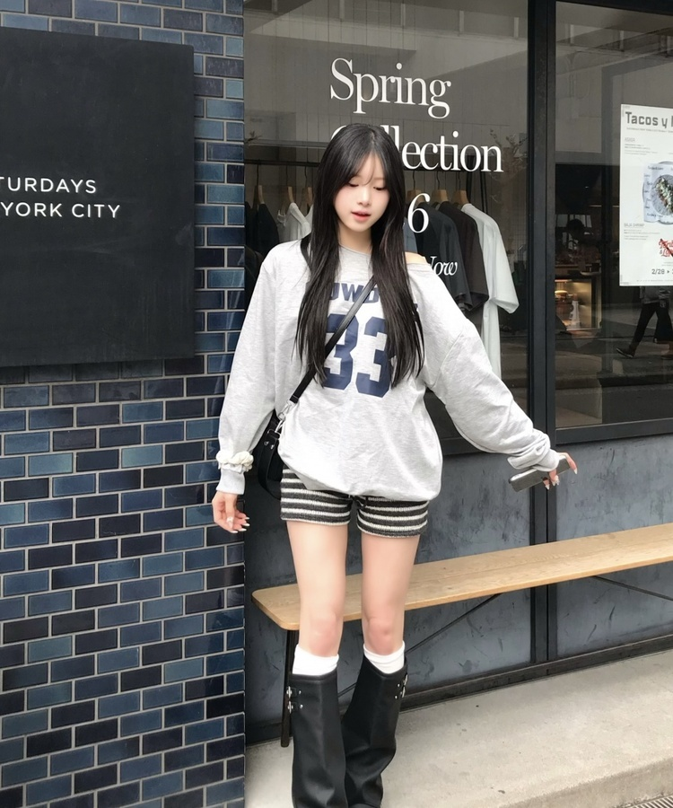 원숄더 오버핏 롱슬리브 티 그레이