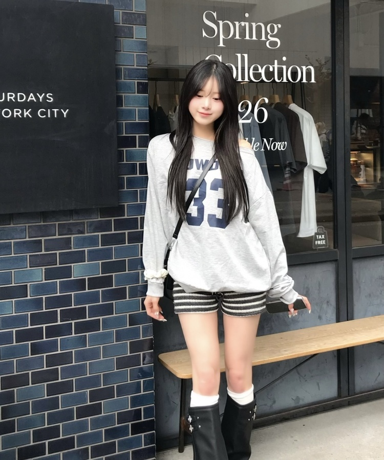 원숄더 오버핏 롱슬리브 티 그레이