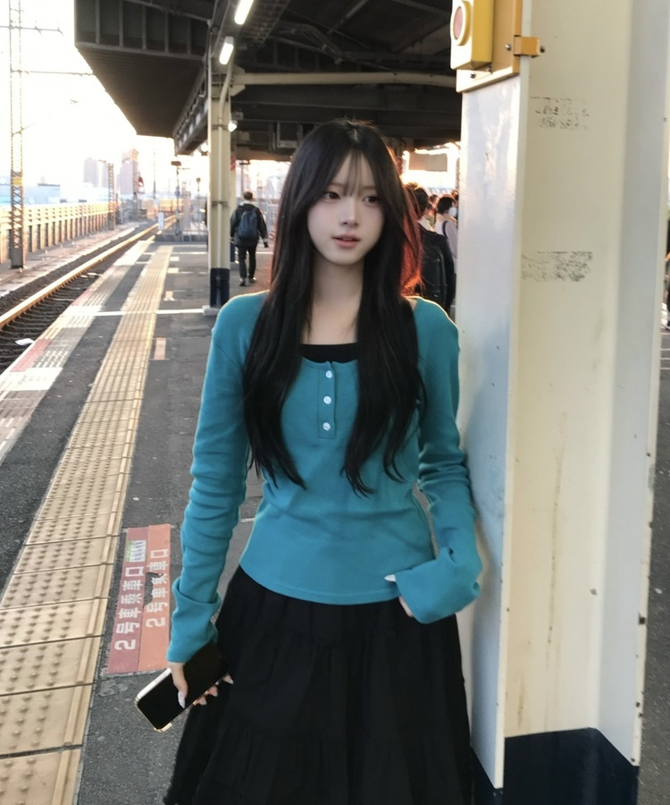 ヘンリーネックベーシック長袖トップス TEAL