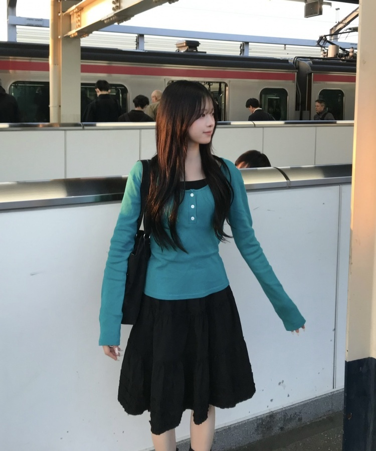 ヘンリーネックベーシック長袖トップス TEAL