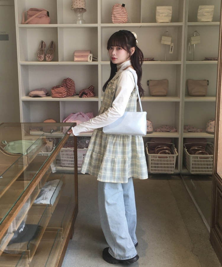 フリルレトロチェックキャミワンピース BEIGE