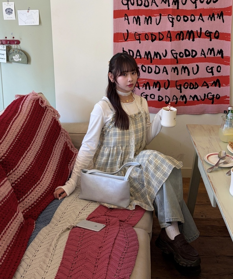 フリルレトロチェックキャミワンピース BEIGE