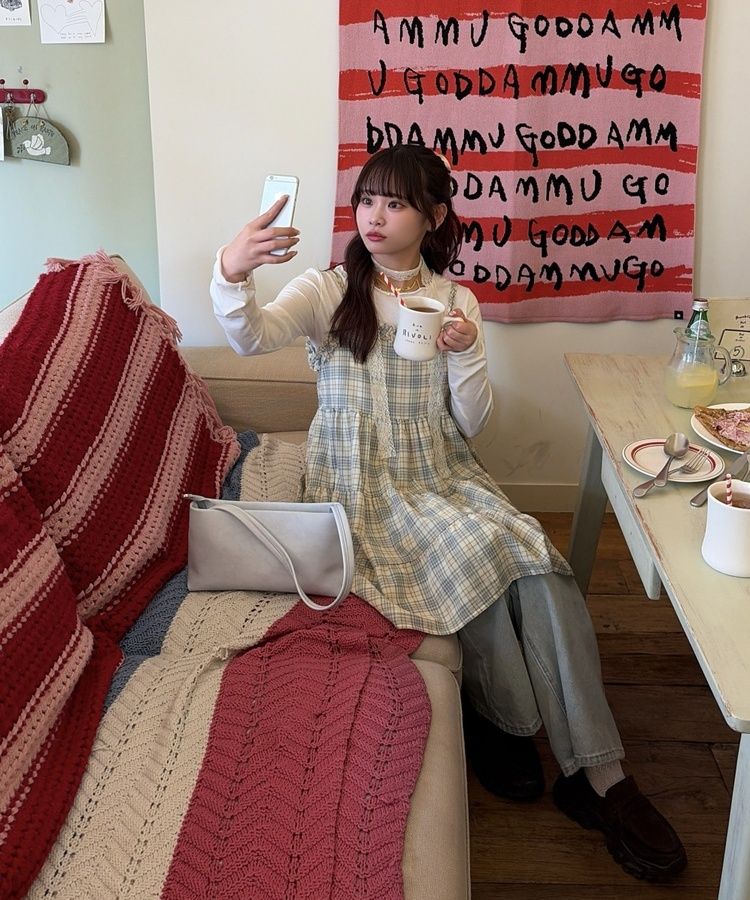 フリルレトロチェックキャミワンピース BEIGE