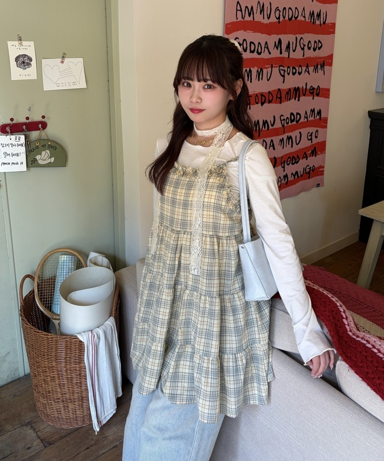 フリルレトロチェックキャミワンピース BEIGE