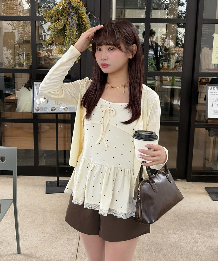 【SET】フリルドットリボンキャミソール＋カーディガン IVORY