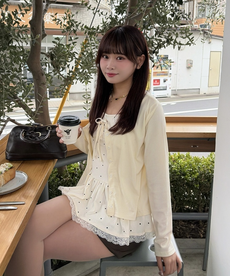 【SET】フリルドットリボンキャミソール＋カーディガン IVORY