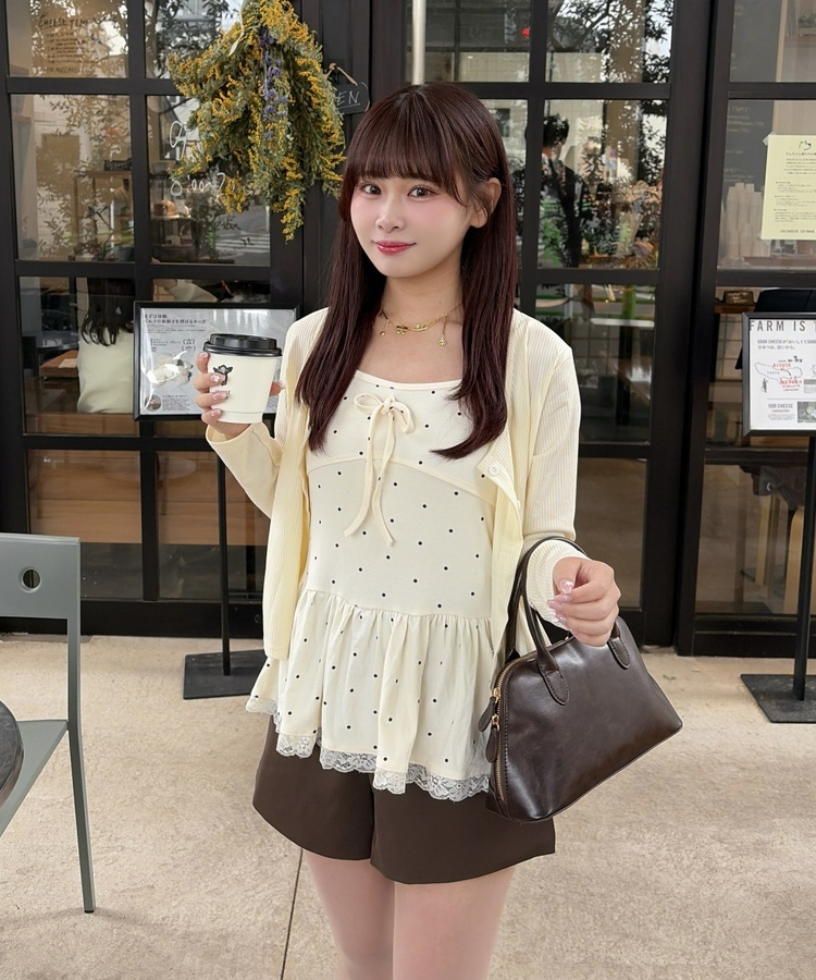 【SET】フリルドットリボンキャミソール＋カーディガン IVORY