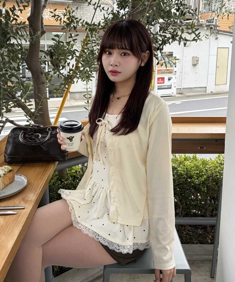 【SET】フリルドットリボンキャミソール＋カーディガン IVORY