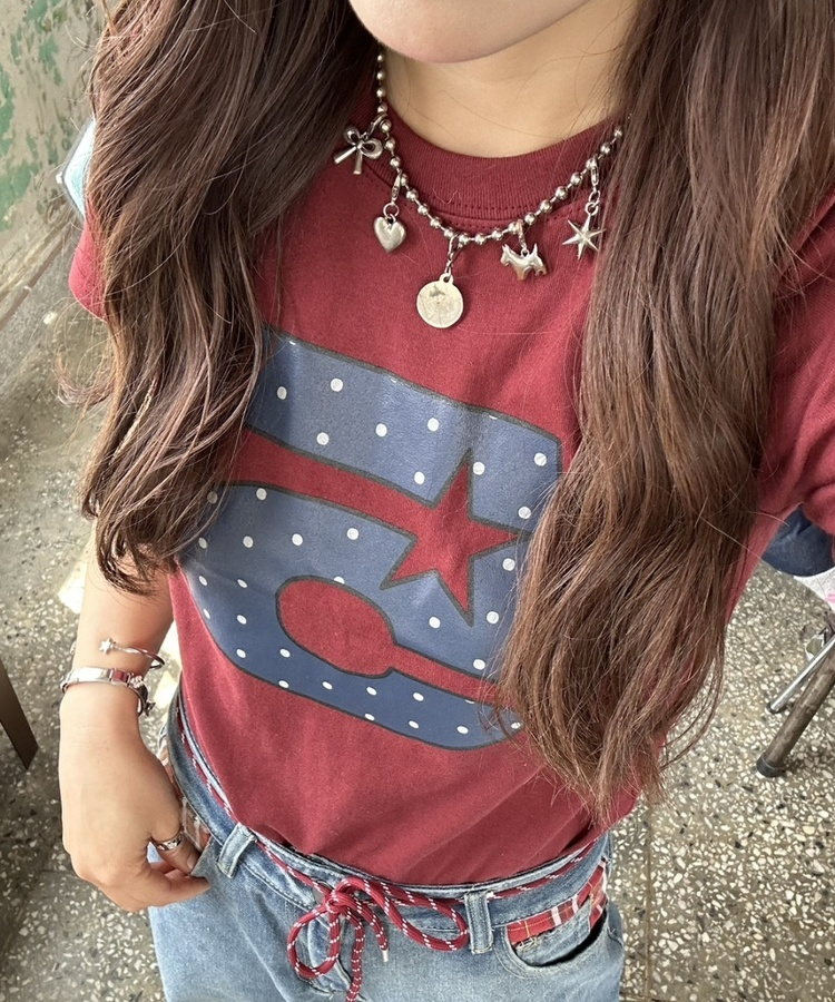 ナンバードットクロップ半袖Tシャツ WINE