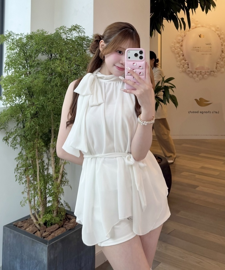 ハイネックドロストフレアブラウス WHITE