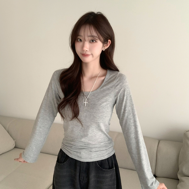 Uネックベーシック長袖Tシャツ GREY