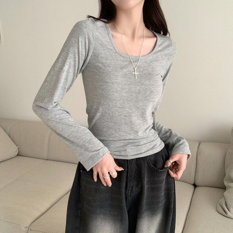 Uネックベーシック長袖Tシャツ GREY