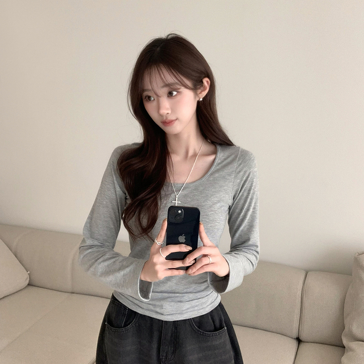 Uネックベーシック長袖Tシャツ GREY