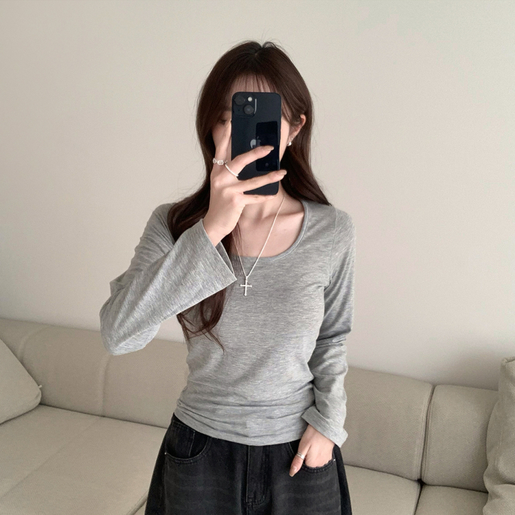 Uネックベーシック長袖Tシャツ GREY