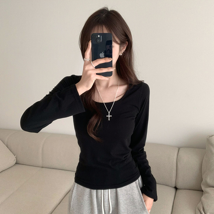 Uネックベーシック長袖Tシャツ BLACK