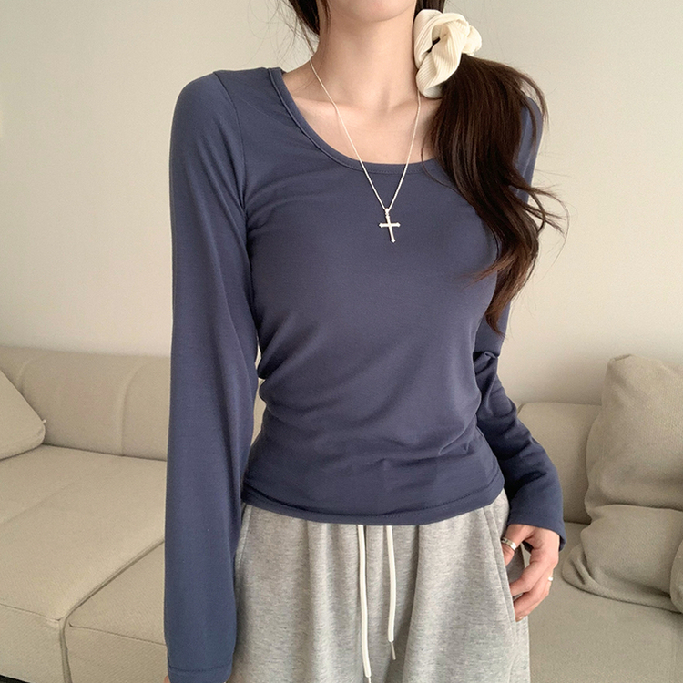 Uネックベーシック長袖Tシャツ NAVY