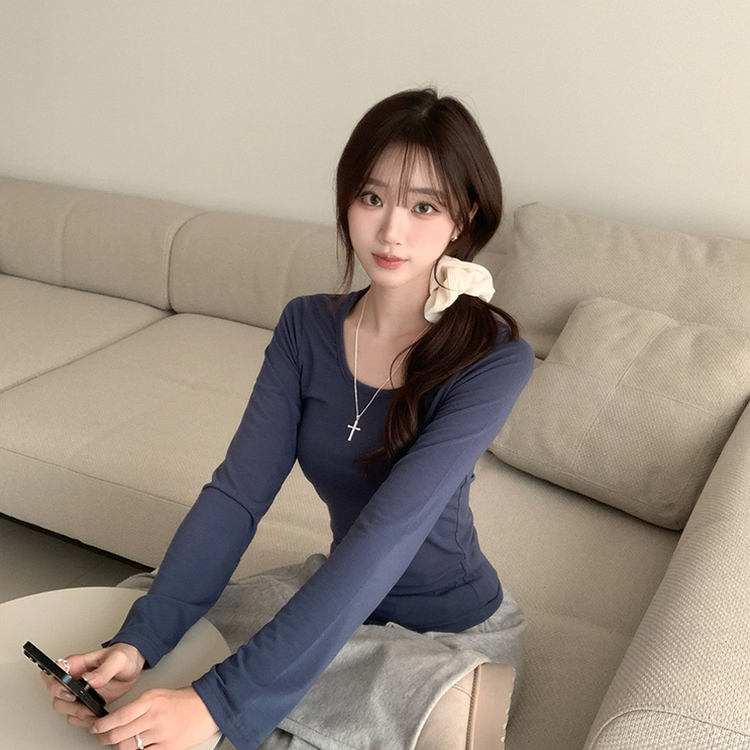 Uネックベーシック長袖Tシャツ NAVY