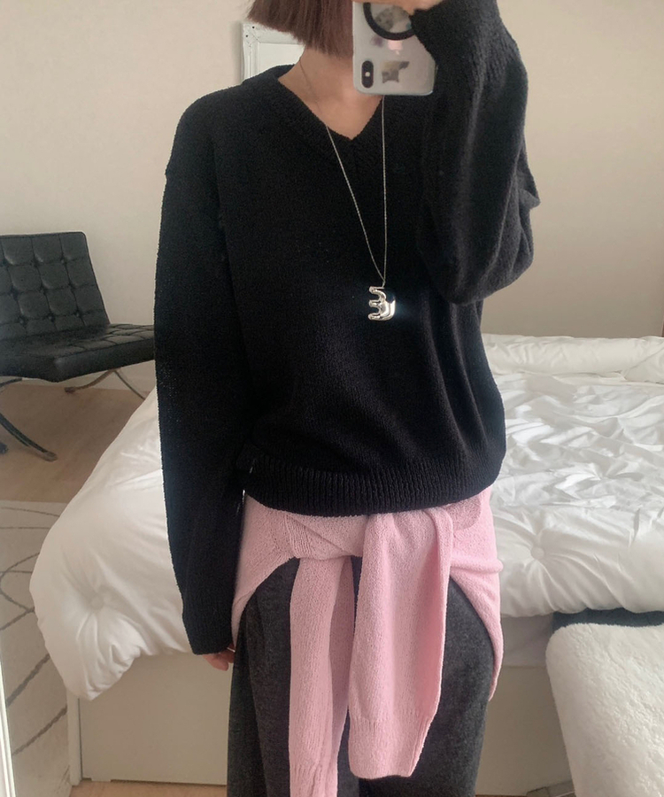 Vネックルーズニット(6color) BLACK