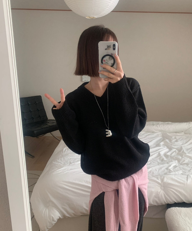 Vネックルーズニット(6color) BLACK