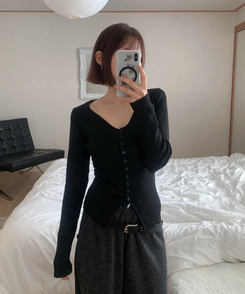 ミニボタンオープンVネックリカーディガン(5color) BLACK