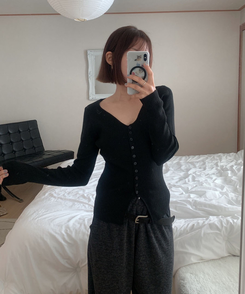 ミニボタンオープンVネックリカーディガン(5color) BLACK