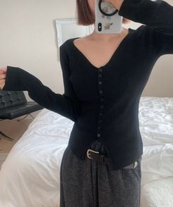 ミニボタンオープンVネックリカーディガン(5color) BLACK