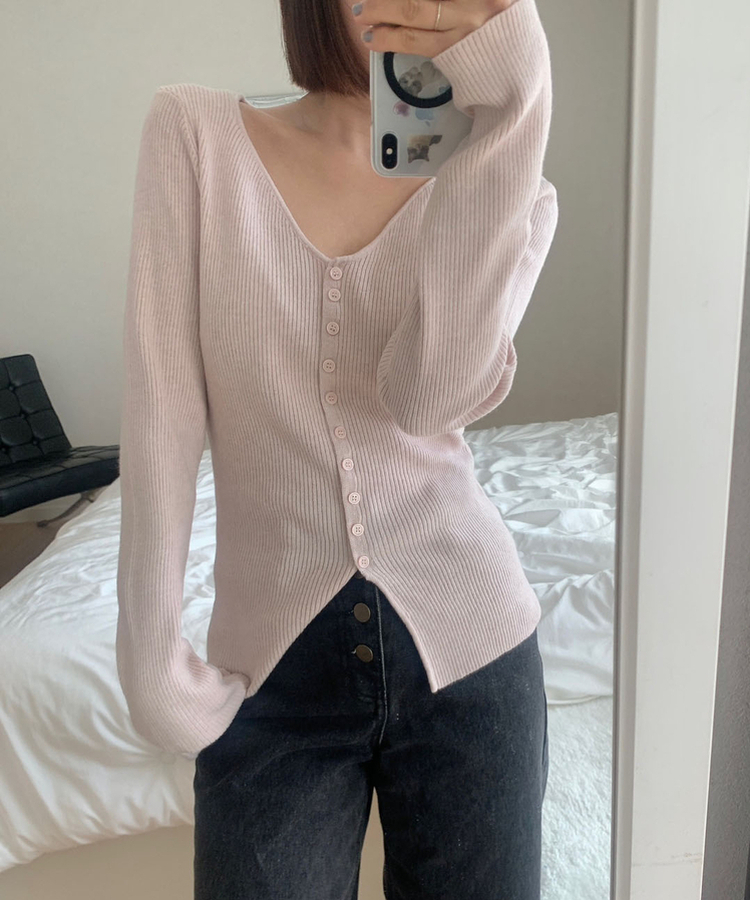 ミニボタンオープンVネックリカーディガン(5color) PINK