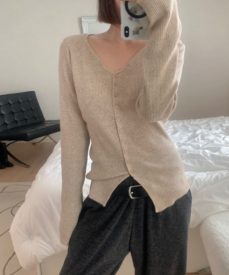 ミニボタンオープンVネックリカーディガン(5color) BEIGE