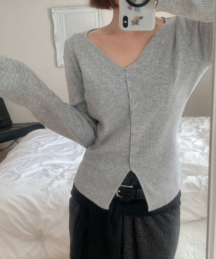 ミニボタンオープンVネックリカーディガン(5color) GREY