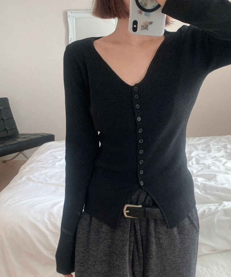 ミニボタンオープンVネックリカーディガン(5color) BLACK