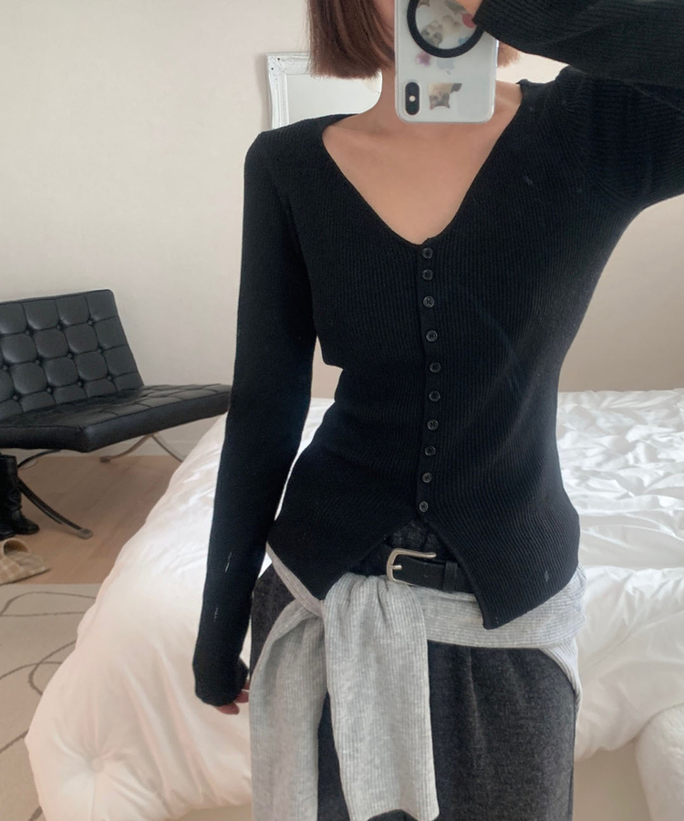 ミニボタンオープンVネックリカーディガン(5color) BLACK