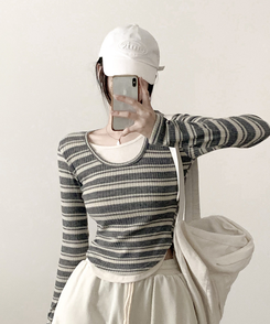 ムードデイリーボーダー長袖Tシャツ GREY